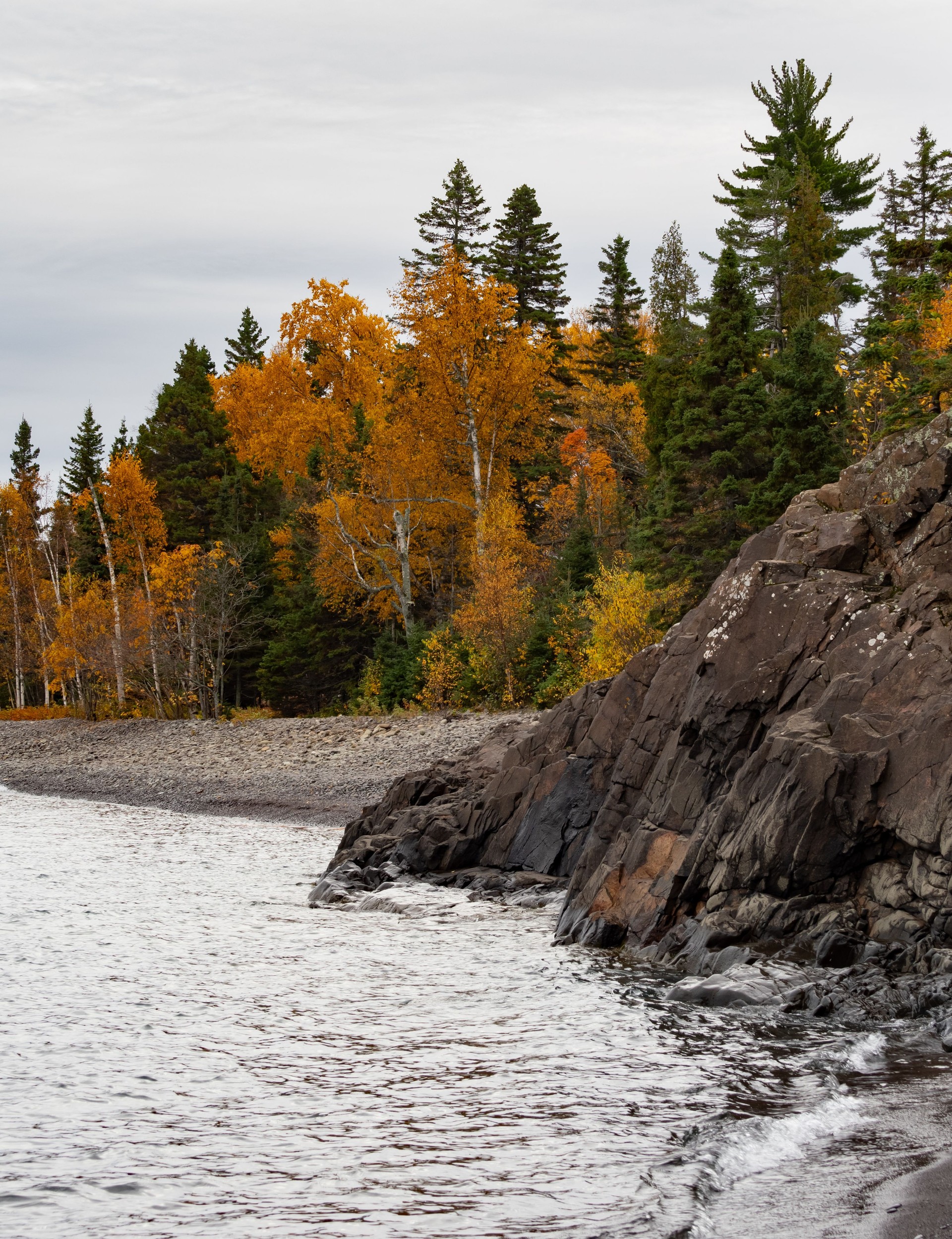 Rocky Shoreline of Lake Superior with Birch Trees in Autumn